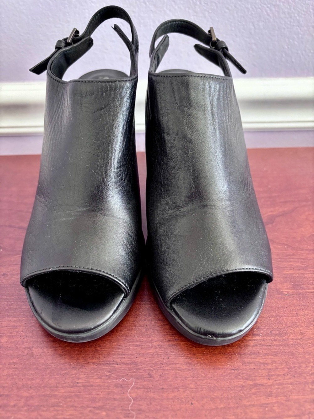 Geox Black Leather Peep‑Toe Slingback Heels – Size 6, Italian, Gently Used